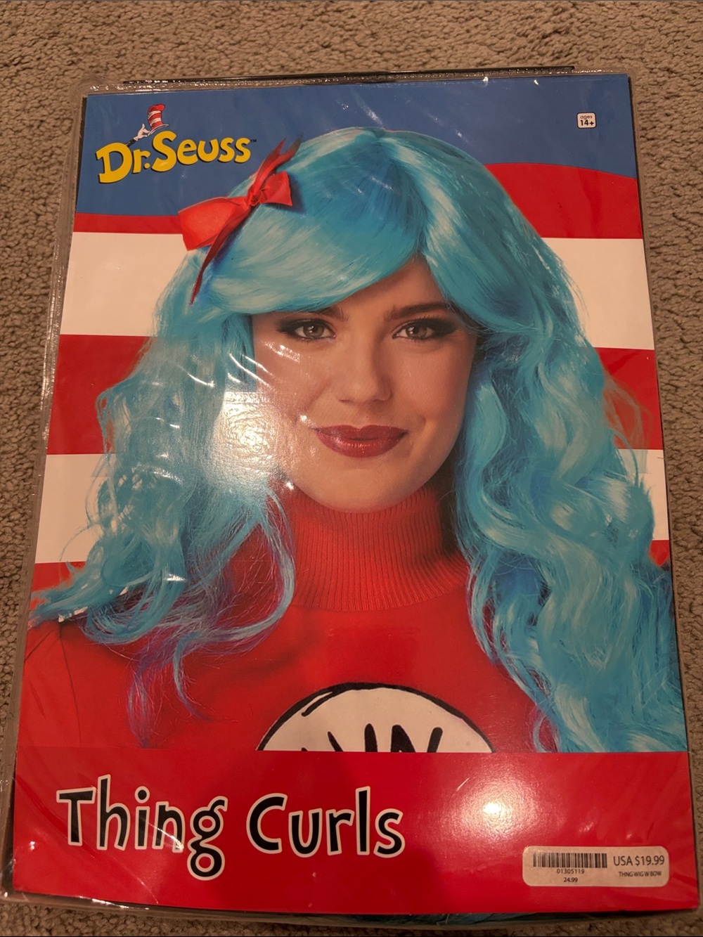 Dr. Seuss Bright Blue Curly Thing Wig with Red Bow